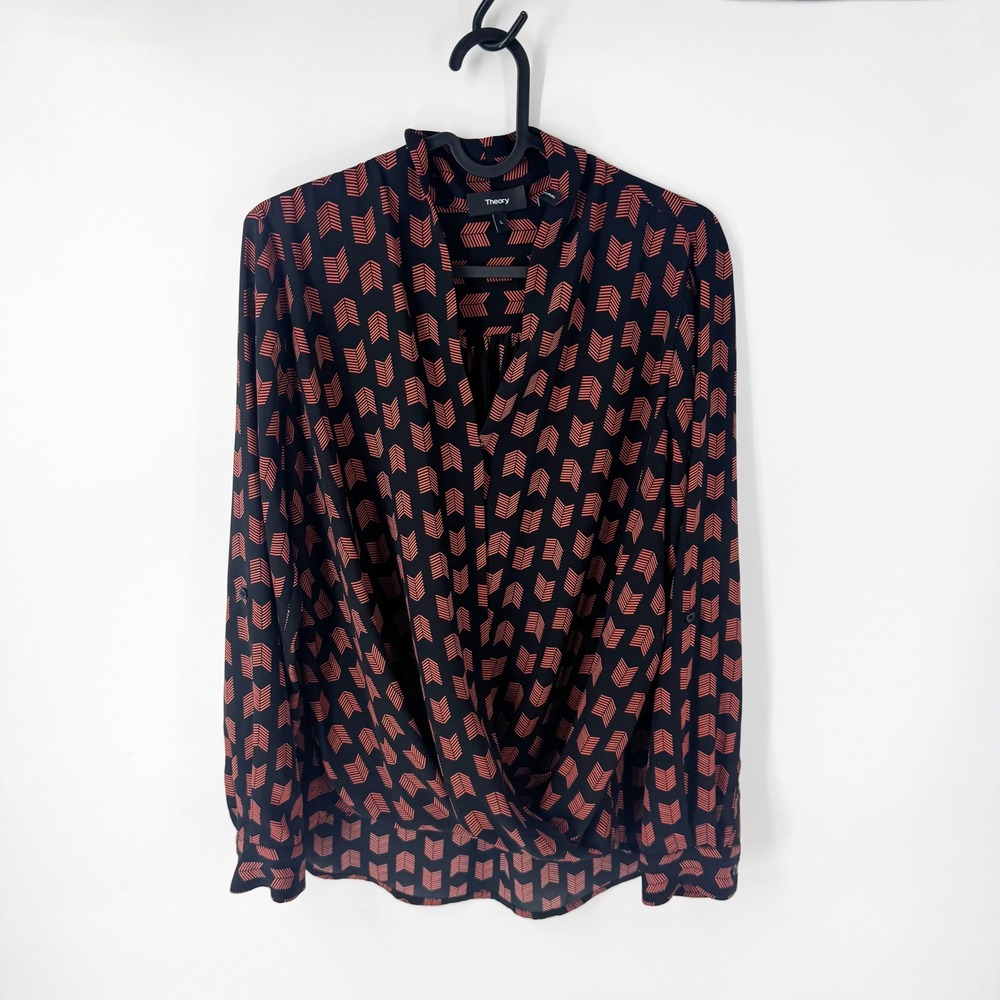 Theory‎ Women Black Coral Geometric Arrow Print Draped Surplice Blouse Large L